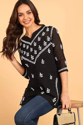 Women black lucknowi chikankari floral embroidered georgette a-line kurti