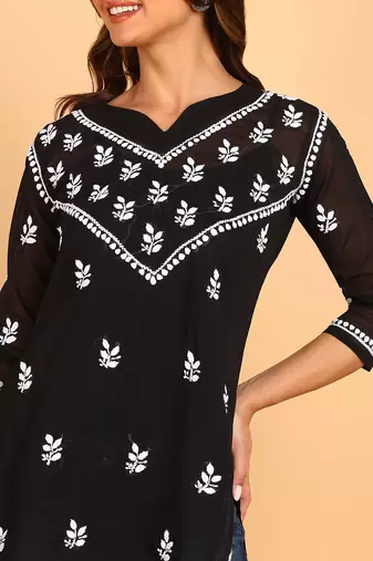 Women black lucknowi chikankari floral embroidered georgette a-line kurti