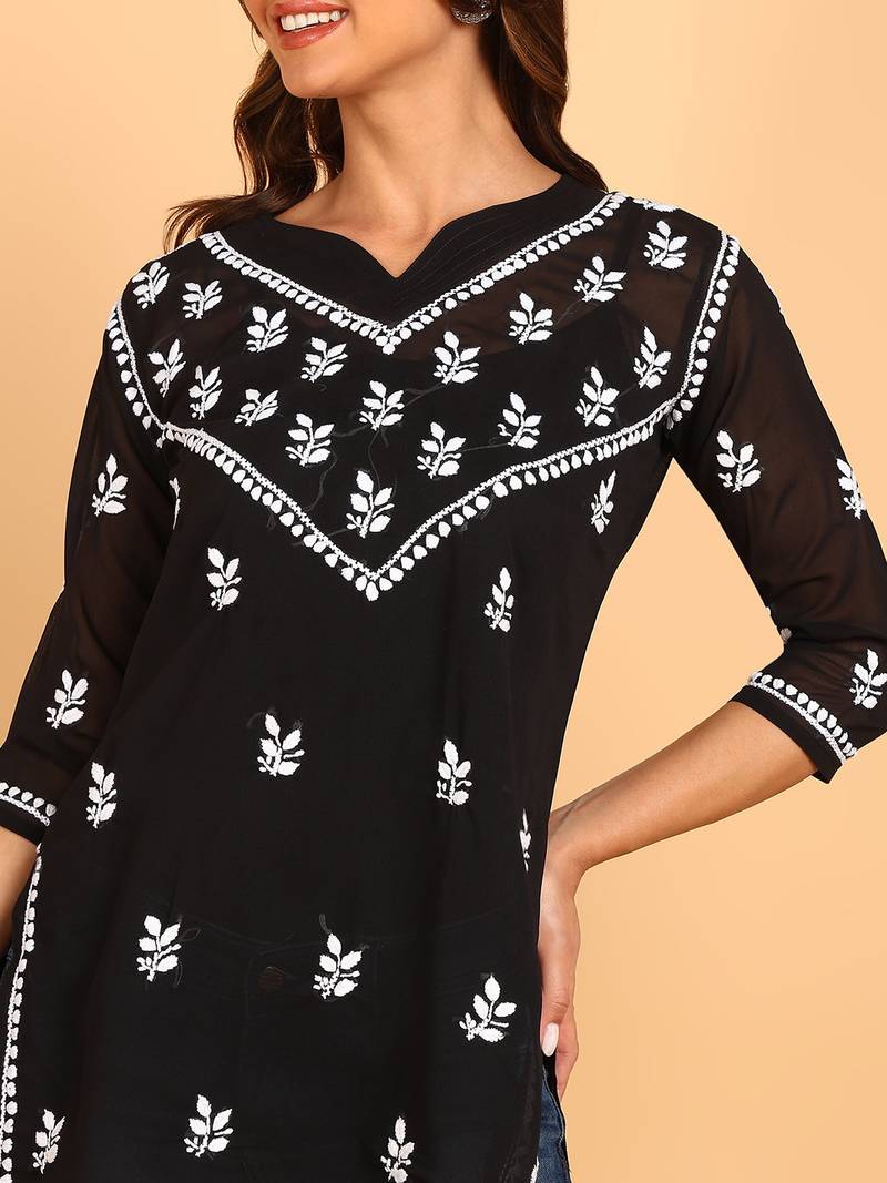 Women black lucknowi chikankari floral embroidered georgette a-line kurti