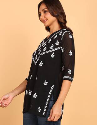 Women black lucknowi chikankari floral embroidered georgette a-line kurti 5