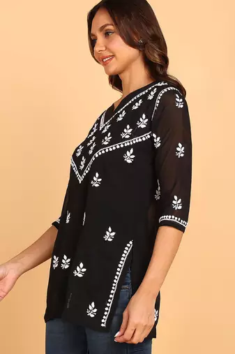Women black lucknowi chikankari floral embroidered georgette a-line kurti