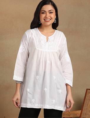 Women white pure cotton ethnic motifs embroidered lucknowi chikankari flared short kurtis 1