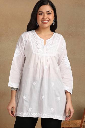 Women white pure cotton ethnic motifs embroidered lucknowi chikankari flared short kurtis