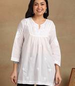 Women white pure cotton ethnic motifs embroidered lucknowi chikankari flared short kurtis
