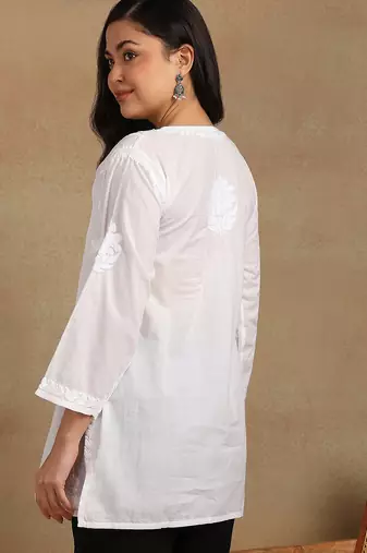 Women white pure cotton ethnic motifs embroidered lucknowi chikankari flared short kurtis