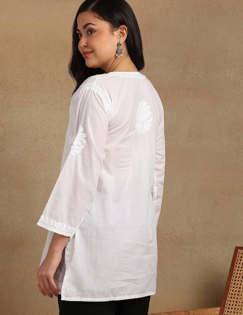 Women white pure cotton ethnic motifs embroidered lucknowi chikankari flared short kurtis