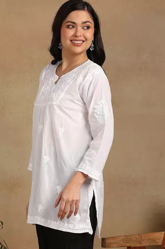 Women white pure cotton ethnic motifs embroidered lucknowi chikankari flared short kurtis