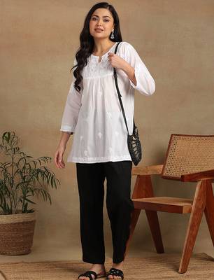 Women white pure cotton ethnic motifs embroidered lucknowi chikankari flared short kurtis 4
