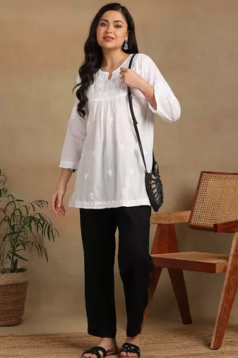 Women white pure cotton ethnic motifs embroidered lucknowi chikankari flared short kurtis