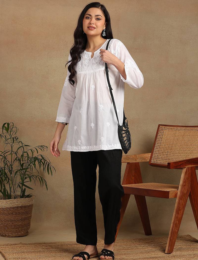 Women white pure cotton ethnic motifs embroidered lucknowi chikankari flared short kurtis