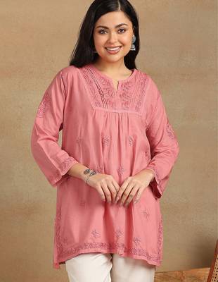 Women coral pure cotton floral embroidered lucknowi chikankari flared short kurtis 1