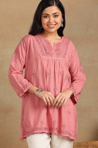 Women coral pure cotton floral embroidered lucknowi chikankari flared short kurtis