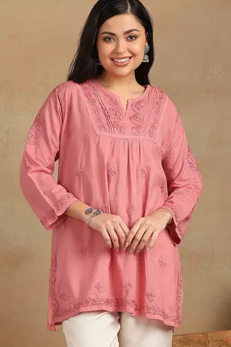 Women coral pure cotton floral embroidered lucknowi chikankari flared short kurtis
