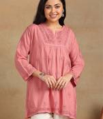Women coral pure cotton floral embroidered lucknowi chikankari flared short kurtis