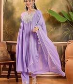 women thread embroidered with mirror work a-line kurta with trousers & dupatta