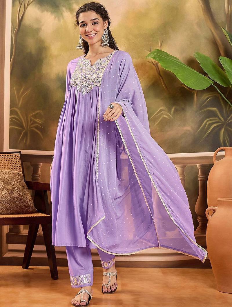 women thread embroidered with mirror work a-line kurta with trousers & dupatta