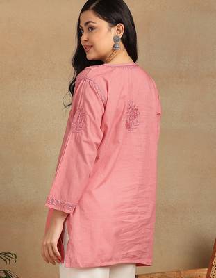 Women coral pure cotton floral embroidered lucknowi chikankari flared short kurtis 2