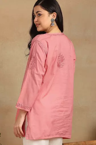 Women coral pure cotton floral embroidered lucknowi chikankari flared short kurtis