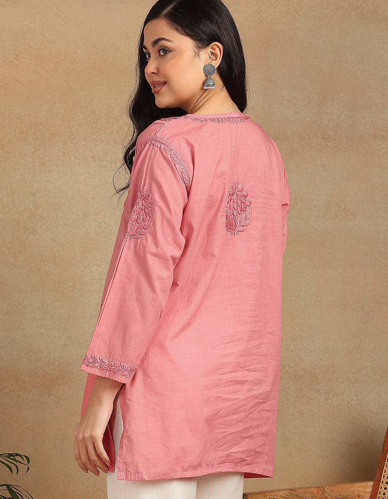 Women coral pure cotton floral embroidered lucknowi chikankari flared short kurtis