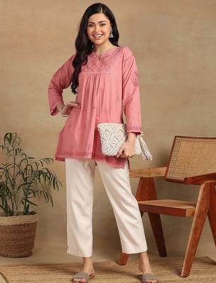 Women coral pure cotton floral embroidered lucknowi chikankari flared short kurtis 3