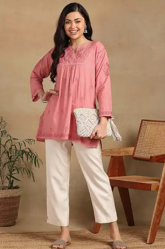Women coral pure cotton floral embroidered lucknowi chikankari flared short kurtis