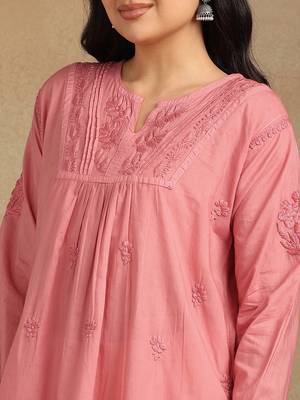 Women coral pure cotton floral embroidered lucknowi chikankari flared short kurtis 4