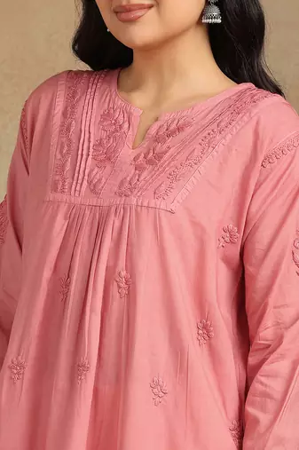 Women coral pure cotton floral embroidered lucknowi chikankari flared short kurtis