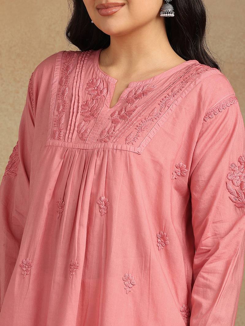 Women coral pure cotton floral embroidered lucknowi chikankari flared short kurtis