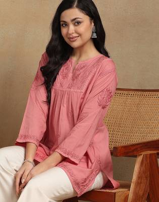 Women coral pure cotton floral embroidered lucknowi chikankari flared short kurtis 5
