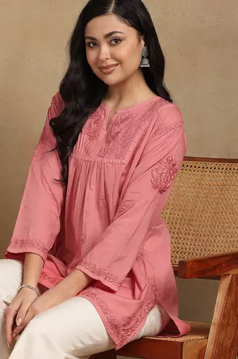 Women coral pure cotton floral embroidered lucknowi chikankari flared short kurtis