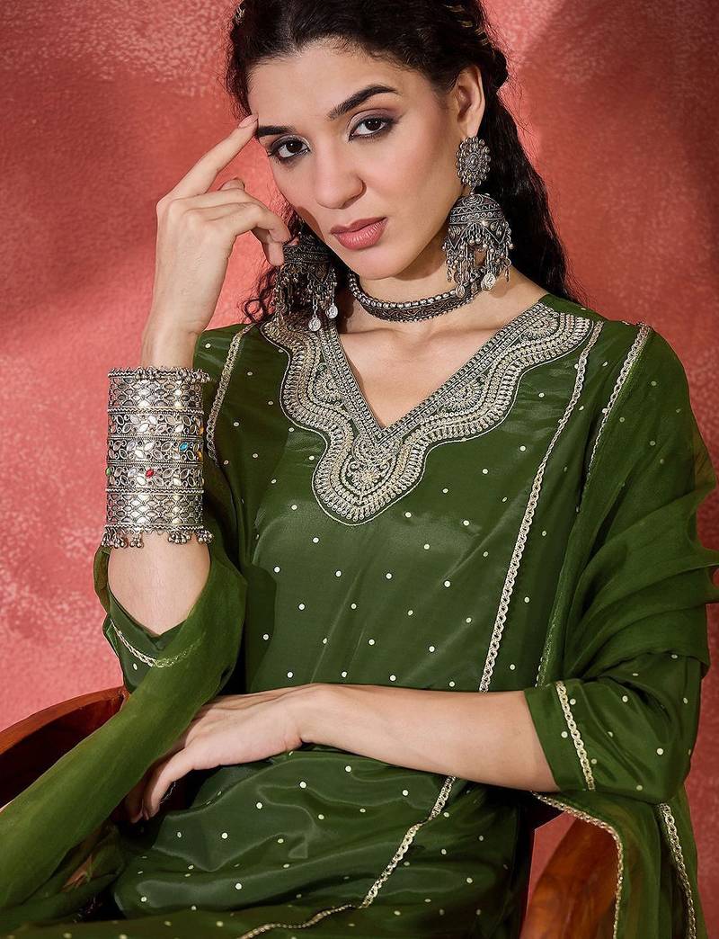 women embroidered straight kurta with trousers & dupatta
