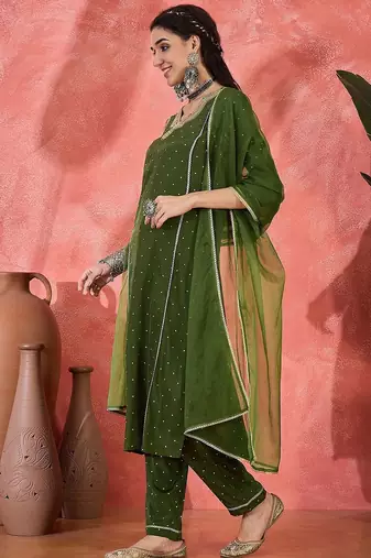 women embroidered straight kurta with trousers & dupatta