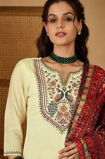 women ethnic motifs thread work kurta with trousers & with dupatta