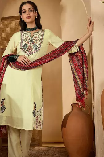 women ethnic motifs thread work kurta with trousers & with dupatta