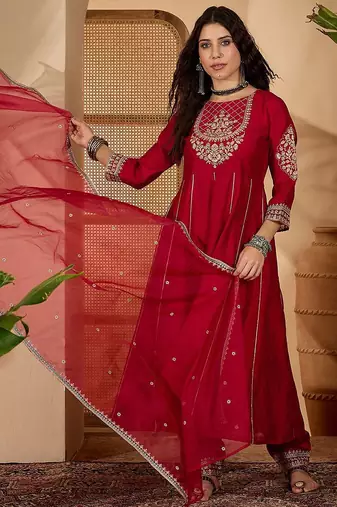 zari sequence embroidered kurta with trousers & dupatta