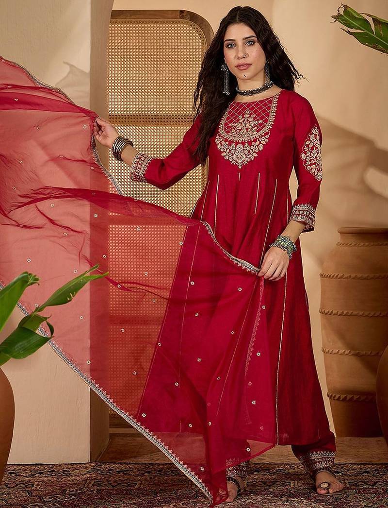 zari sequence embroidered kurta with trousers & dupatta