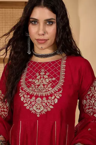zari sequence embroidered kurta with trousers & dupatta