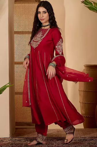 zari sequence embroidered kurta with trousers & dupatta
