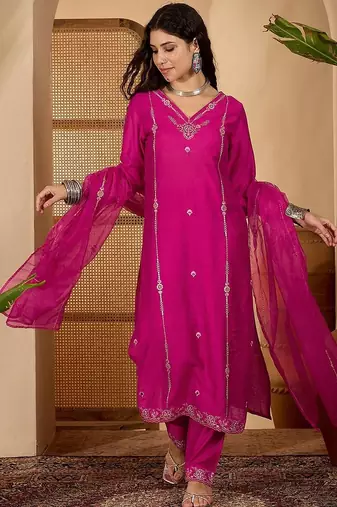 zari sequence thread  embroidery kurta with trousers & dupatta