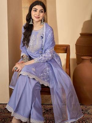 floral embroidered thread work chinon silk a-line kurta with palazzos &  dupatta 1