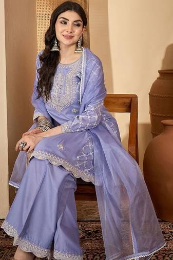 floral embroidered thread work chinon silk a-line kurta with palazzos &  dupatta