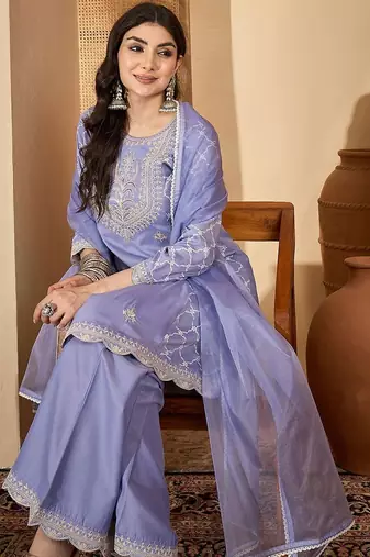 floral embroidered thread work chinon silk a-line kurta with palazzos &  dupatta
