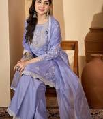 floral embroidered thread work chinon silk a-line kurta with palazzos &  dupatta