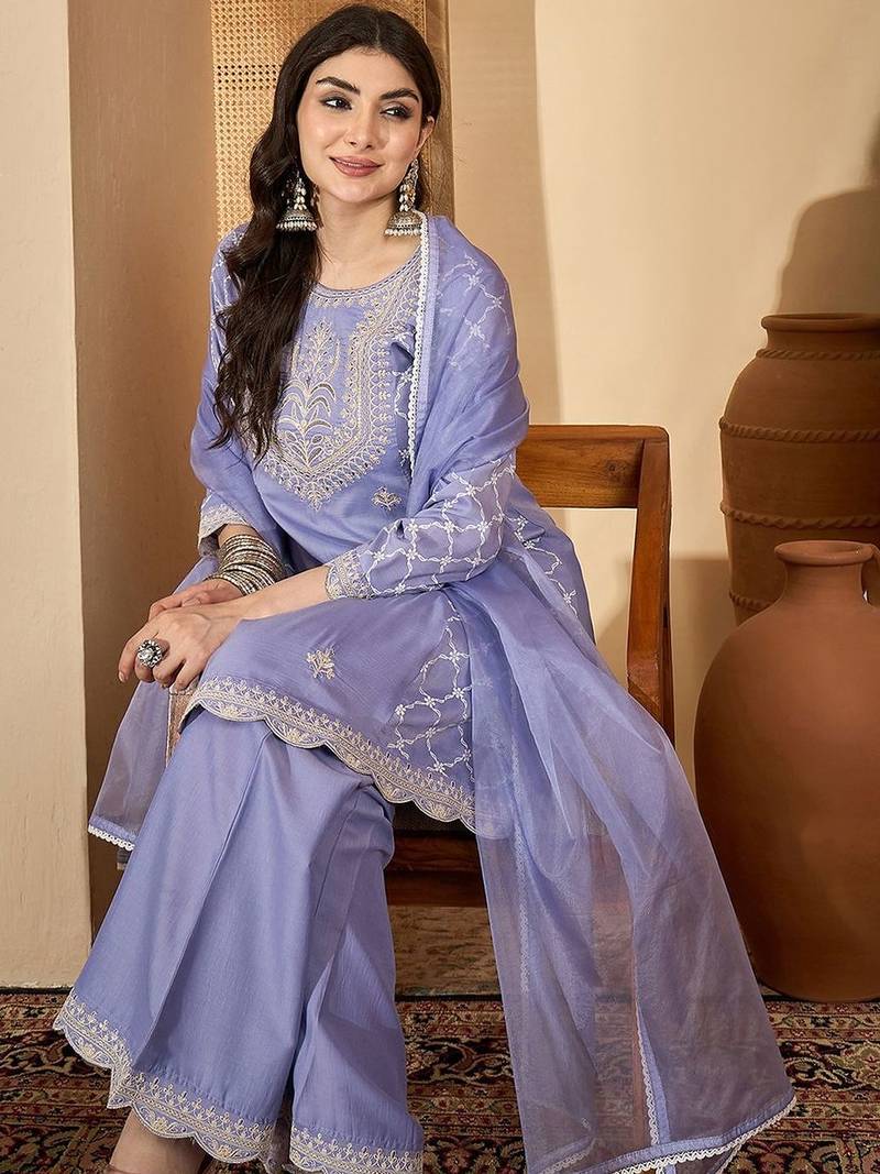 floral embroidered thread work chinon silk a-line kurta with palazzos &  dupatta