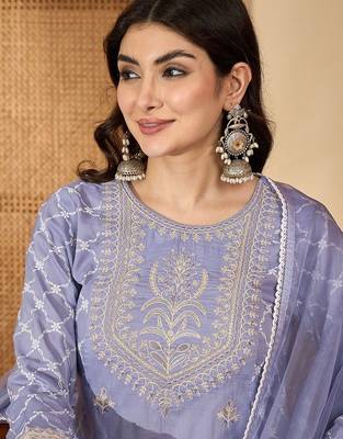 floral embroidered thread work chinon silk a-line kurta with palazzos &  dupatta 2