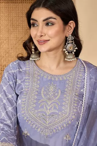 floral embroidered thread work chinon silk a-line kurta with palazzos &  dupatta