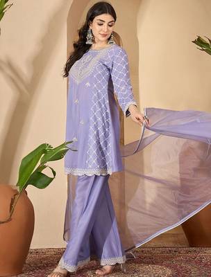 floral embroidered thread work chinon silk a-line kurta with palazzos &  dupatta 5