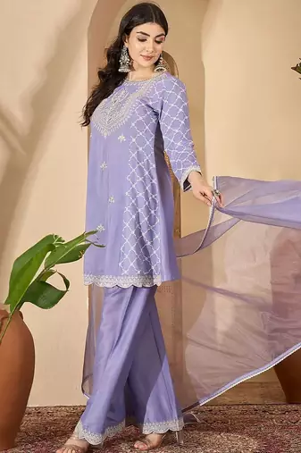 floral embroidered thread work chinon silk a-line kurta with palazzos &  dupatta