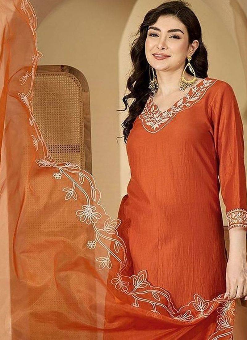 embroidered kurta with trouser & dupatta