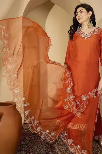 embroidered kurta with trouser & dupatta